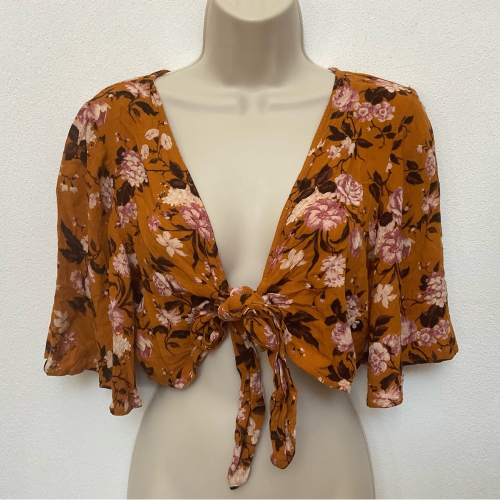 American Eagle Mustard Tie Front Crop Top with Pink Floral Size S Flowy Sleeves